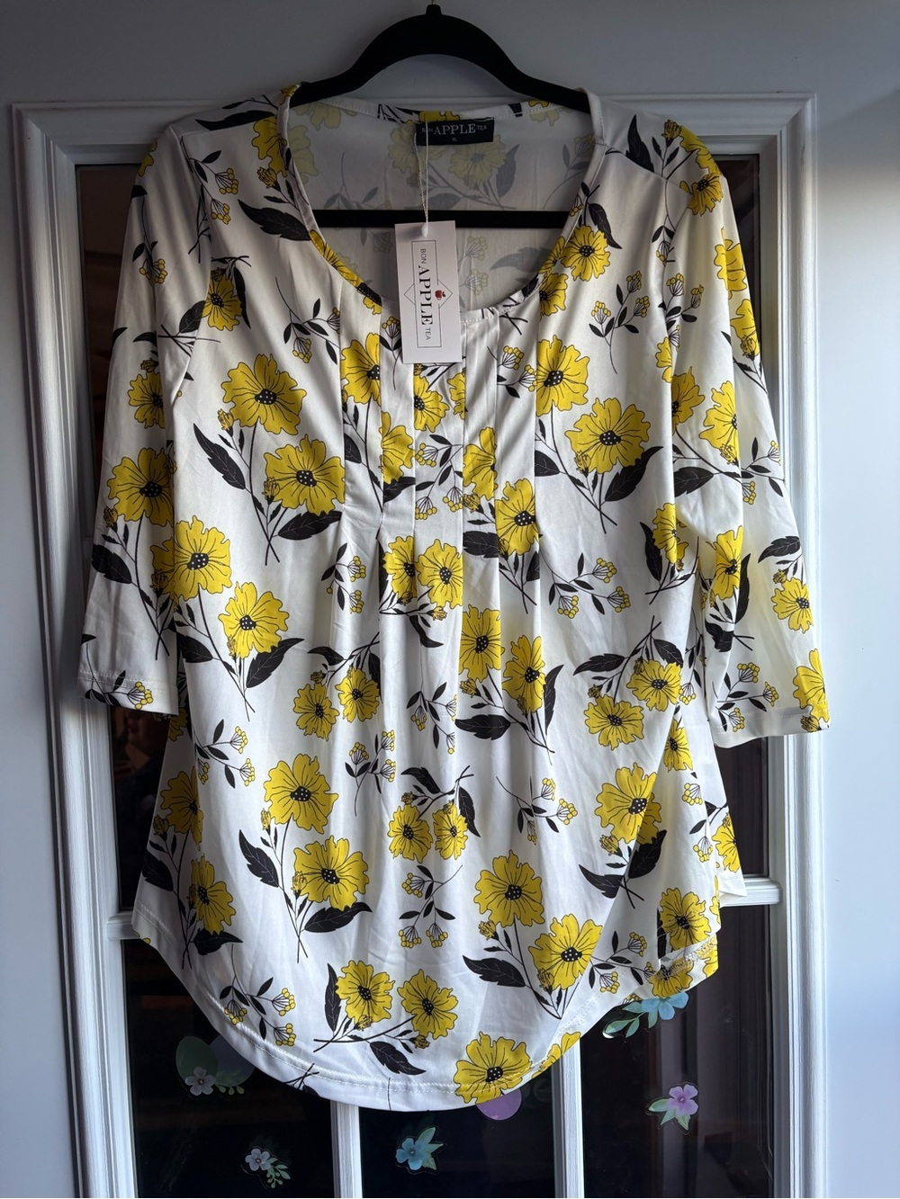 Apple Yellow Floral Scoop-Neck Tunic with Three-Quarter Sleeves